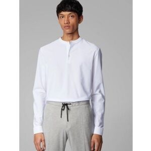 BOSS Slim Fit Mercerised White Henley Long Sleeve 3-Button Shirt Size Medium M
